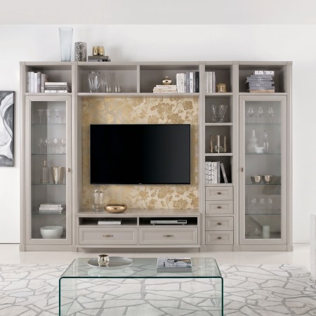 Mobile soggiorno porta tv in legno con vetrine e cassetti