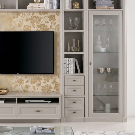 Mobile soggiorno porta tv in legno con vetrine e cassetti
