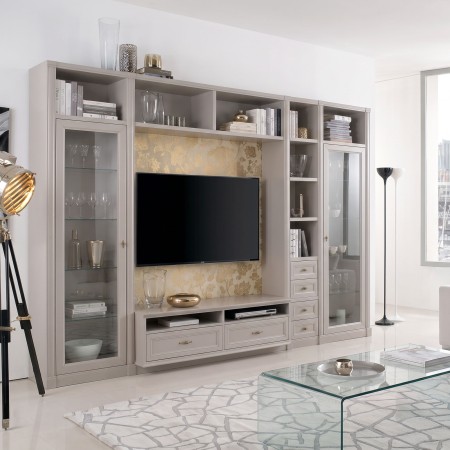 Mobile soggiorno porta tv in legno con vetrine e cassetti