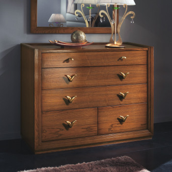 Comò 5 cassetti in legno massello con maniglie dorate