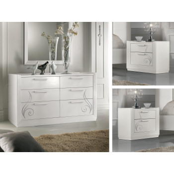 Gruppo comò e comodini con rilievi in legno massello