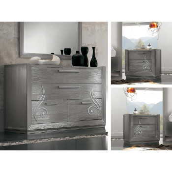Gruppo comò e comodini in legno frassino con decorazione