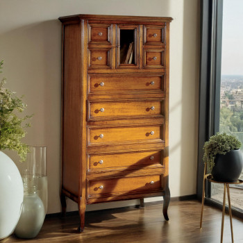 Cassettiera 9 cassetti in legno con sportello vetro