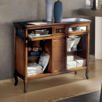 Libreria con tiretti e ribalte a vetro, dettagli legno