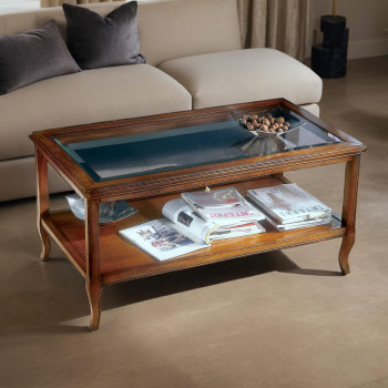 Tavolino con piano in vetro da 115 cm, dettaglio del legno massello