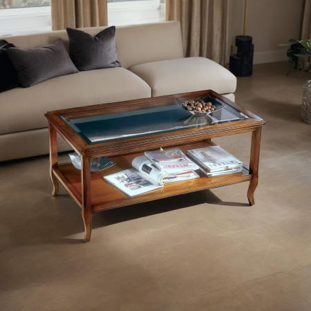 Tavolino con piano in vetro e ripiano inferiore in legno