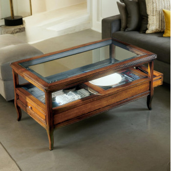 Tavolino con piano in vetro e cassetti, dettaglio legno massello