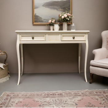 Consolle in legno con due cassetti, dettaglio gambe a sciabola