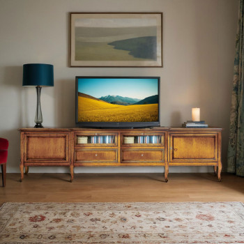Porta TV con ante e cassetti, legno massello e vetro