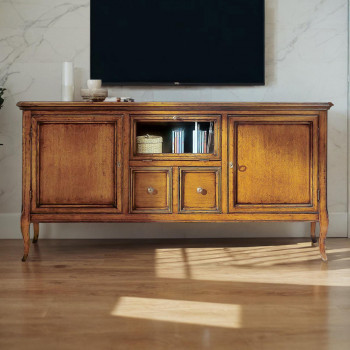 Porta TV con ante e cassetti, dettaglio legno