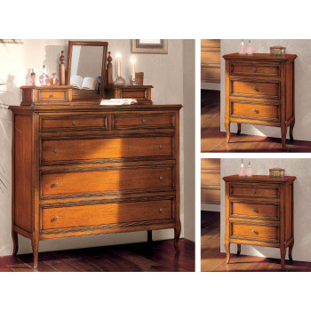 Gruppo comò e 2 comodini con dettagli in legno