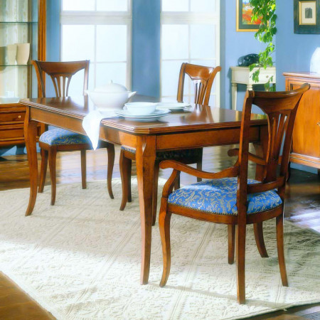 Sedia con arpa 3 fori imbottita in tessuto blu, legno