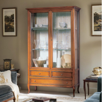 Vetrina 2 ante 3 cassetti in legno con ripiani in vetro