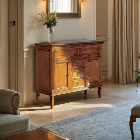 Credenza con due ante 5 cassetti, dettagli floreali legno