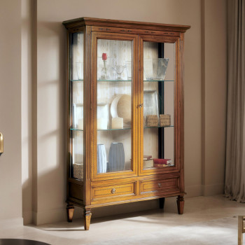 Vetrina 2 ante 2 ripiani 2 cassetti con dettagli floreali