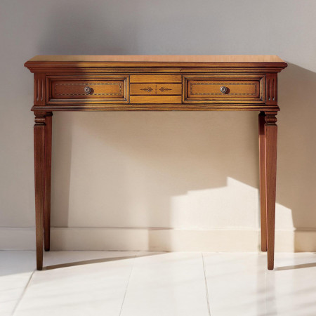 Consolle in legno con dettagli floreali e cassetti