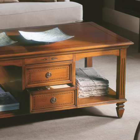 Tavolino con 2 cassetti, piano in legno, dettagli eleganti