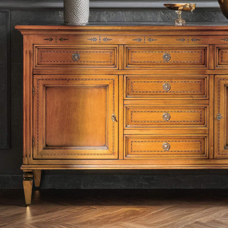 Credenza 2 ante 6 cassetti, dettaglio legno massello