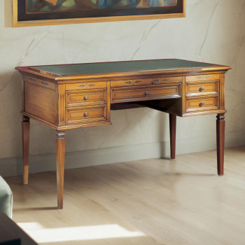 Scrivania classica con piano rivestito in ecopelle e cassetti intarsiati