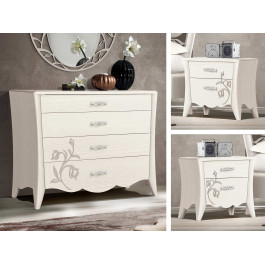 Comodino in frassino con decoro floreale e maniglie Swarovski