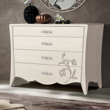 Comò in frassino con fianchi sagomati e decoro