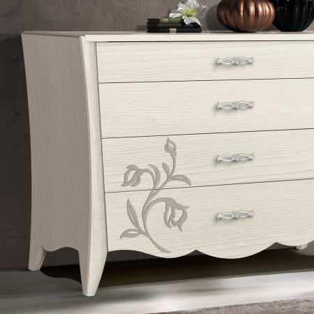 Comò in frassino sagoma con cassetti decorati e maniglie Swarovski