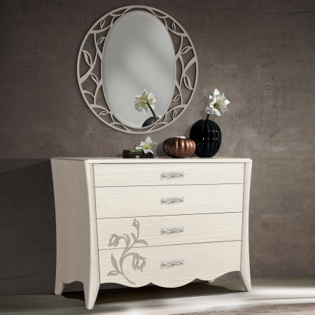 Comò in frassino sagoma con 4 cassetti decorati, dettaglio fianchi