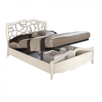 Letto king size in frassino con testata traforata, contenitore aperto