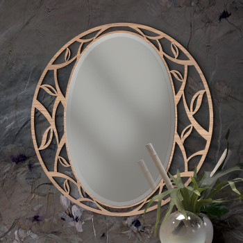 Specchio ovale con molatura, cornice traforata in frassino