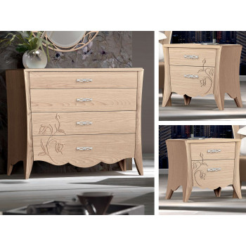 Comò e comodini in frassino Ginevra Due con intarsi floreali