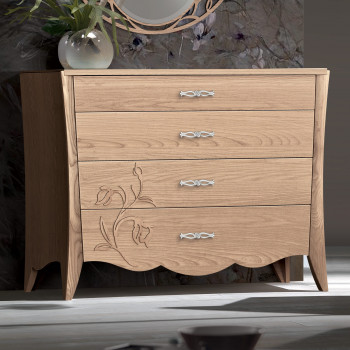 Comò in frassino, dettagli decorativi e maniglie Swarovski