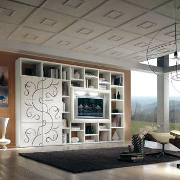Libreria ante rilievo noce cornice TV liscia con illuminazione