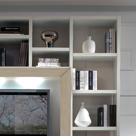 Composizione con ante e cornice rovere, dettaglio scaffali