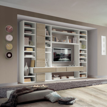 Composizione laccata con frontali rovere, dettaglio libreria