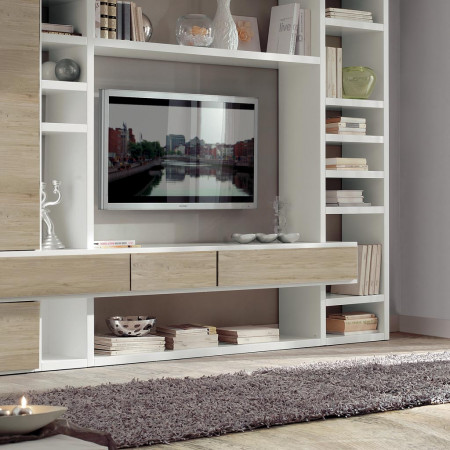 Composizione laccata con frontali rovere, dettaglio libreria
