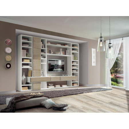 Composizione laccata con frontali rovere, soggiorno moderno