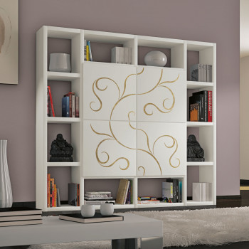 Libreria con ante in rilievo foglia oro, dettaglio centrale