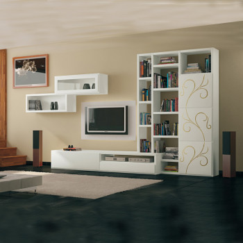 Soggiorno moderno con ante in foglia oro e libreria