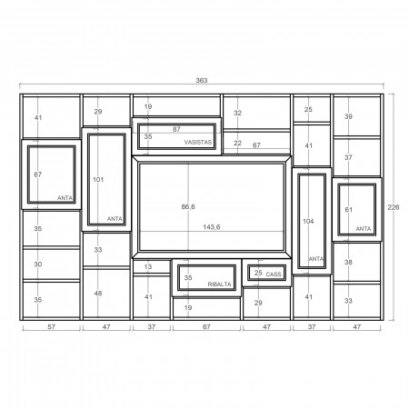 Parete componibile moderno in legno con misure dettagliate