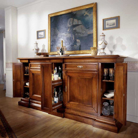 Credenza in legno con intarsi e vano porta bottiglie