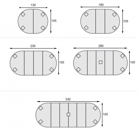 Tavolo ovalino allungabile da 130x105 a 330x105, dettaglio misure