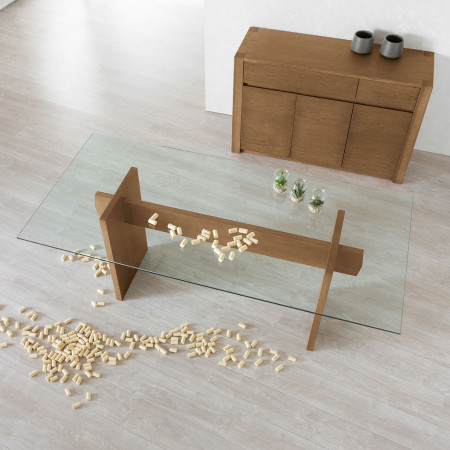 Tavolo moderno in legno e vetro con basamento in rovere