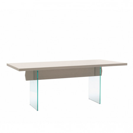 Tavolo moderno con gambe in vetro e piano in legno rovere