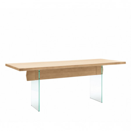 Tavolo moderno con gambe in vetro e piano in rovere