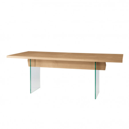 Tavolo moderno con gambe in vetro, piano dritto in legno