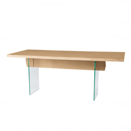 Tavolo moderno con gambe in vetro e piano con bordo naturale