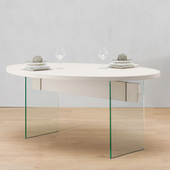 Tavolo cristallo e rovere bordo dritto con vetro temperato