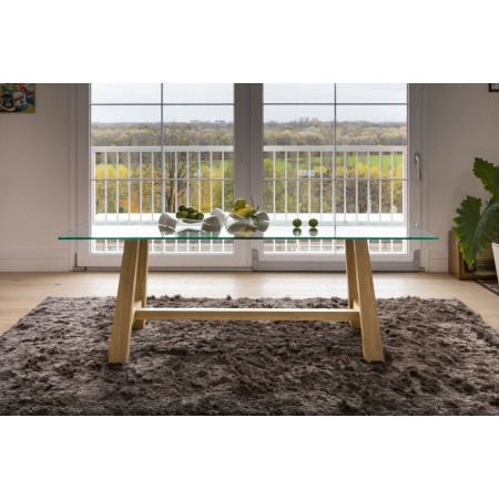 Tavolo moderno in legno rovere con piano in vetro temperato