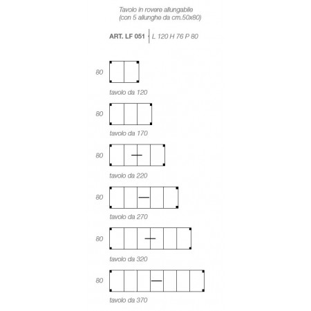 Tavolo rettangolare allungabile, diagramma delle dimensioni