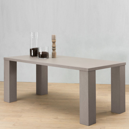 Tavolo moderno con gambe a colonna, piano bordo dritto, decorazione sobria